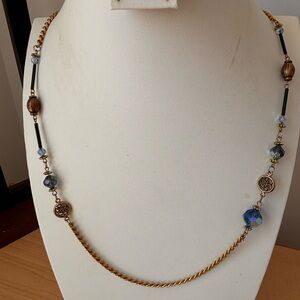 Blue beaded stations necklace / gold tone/ measures 39 in total length/ vintage